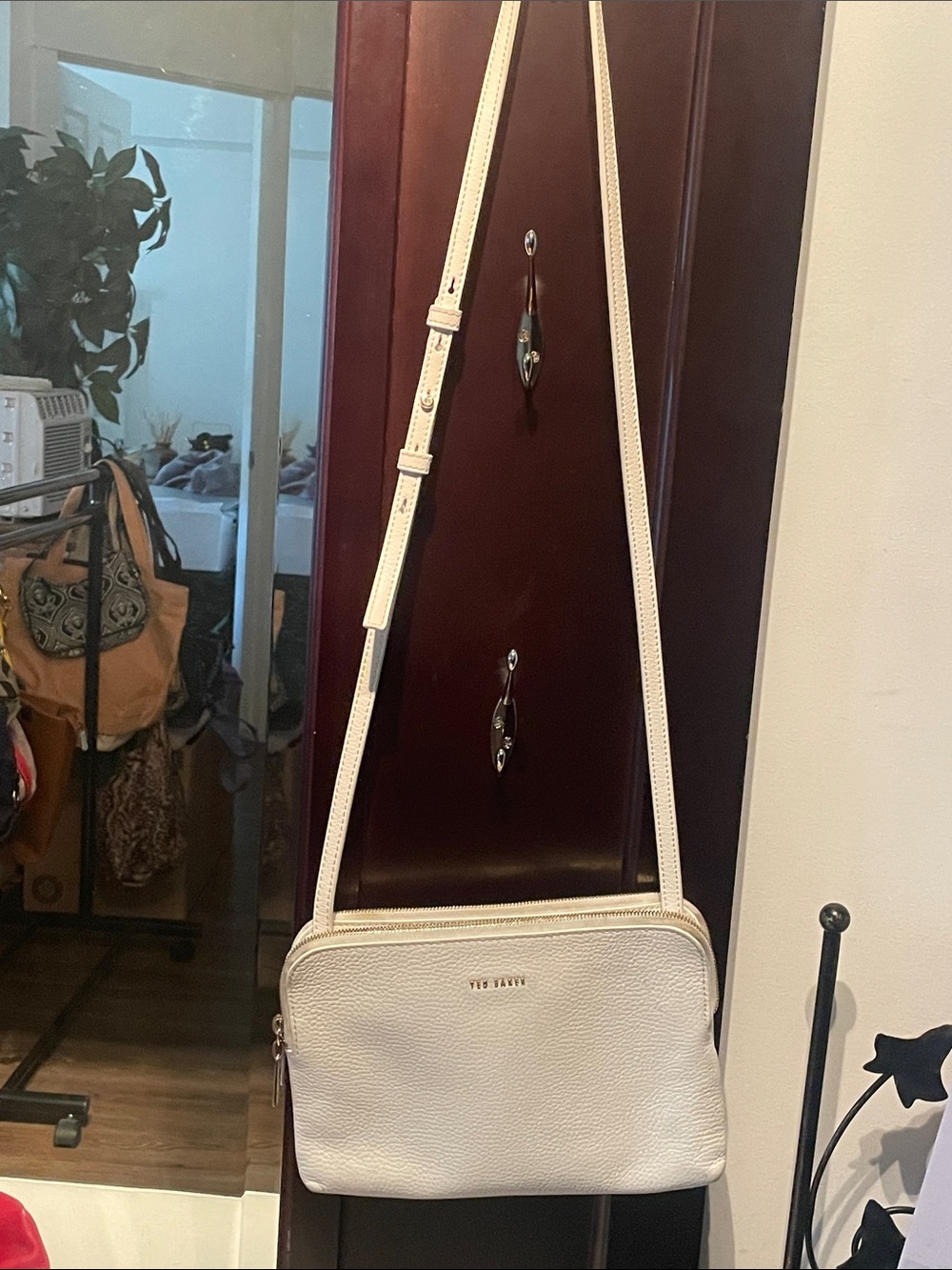 Ted Baker Ivory Pebbled Leather Crossbody Bag with Gold Logo